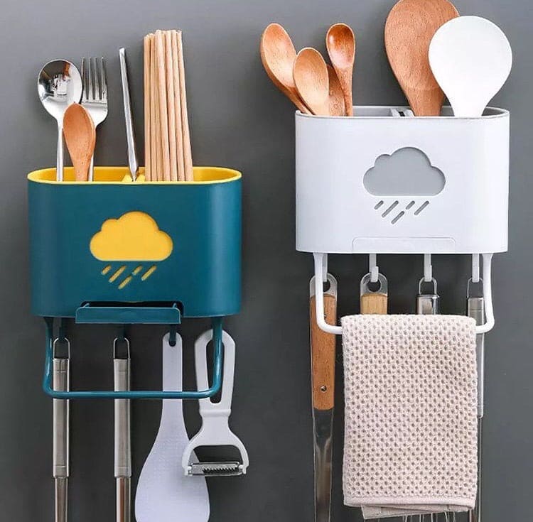 Wall Mounted Cloud Drain Rack, 2 Divided Compartments for Storage Forks, Utensils Holder Drainer Basket With Detachable Rag Rod Wall Mounted Cloud Drain Rack, 2 Divided Compartments for Storage Forks, Utensils Holder Drainer Basket With Detachable Rag Rod